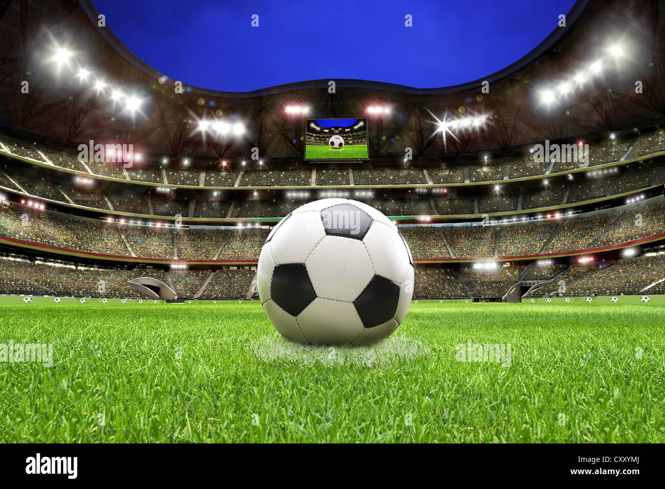 Soccer ball, soccer stadium, lawn, grand stand Stock Photo