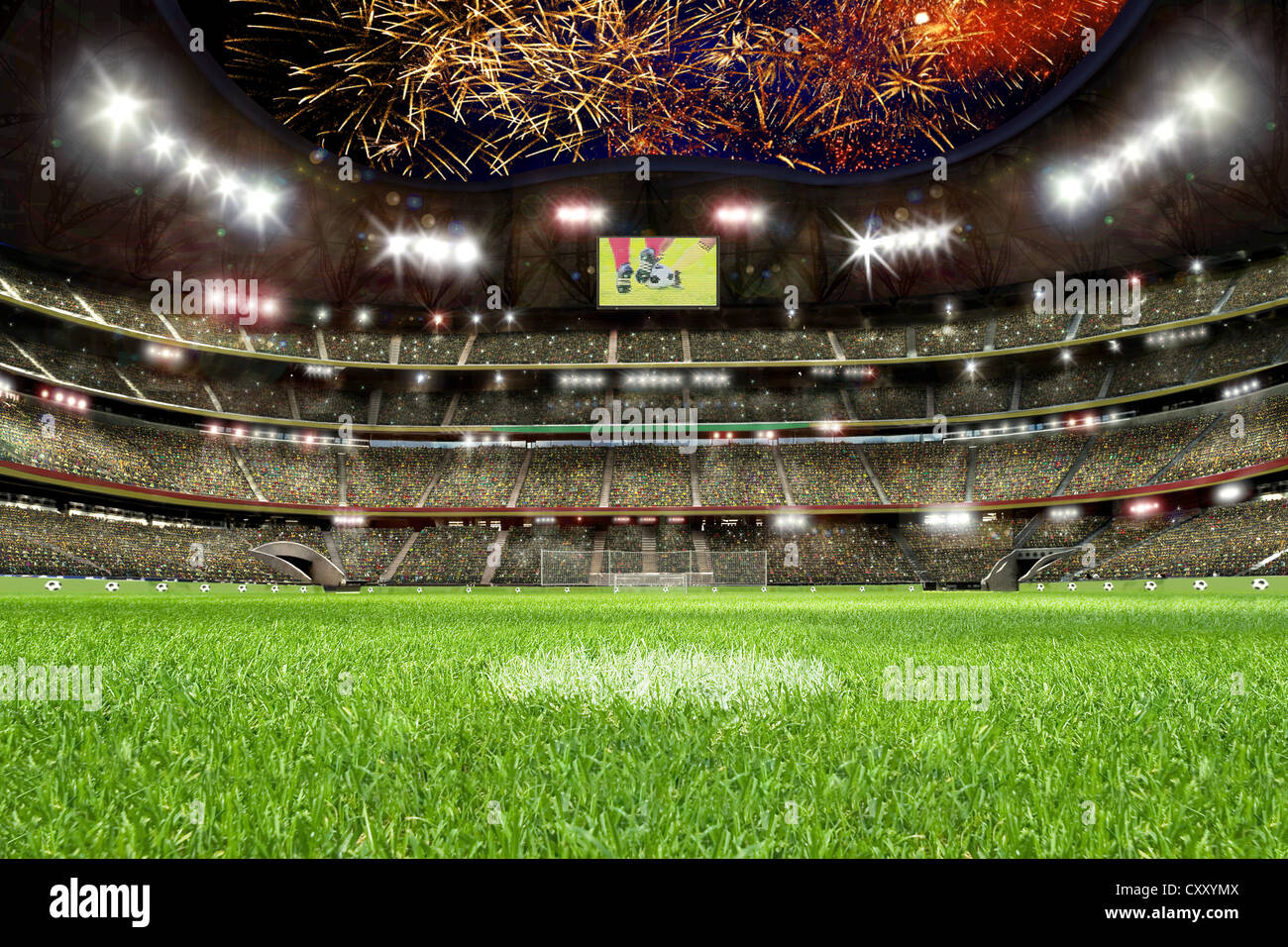 Soccer stadium, lawn, grand stand, fireworks Stock Photo