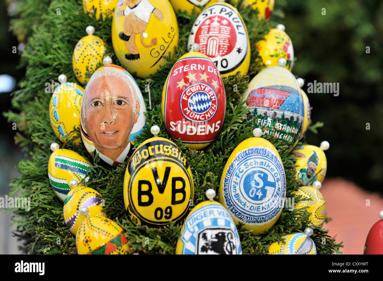Easter eggs painted with various crests from Bundesliga football clubs