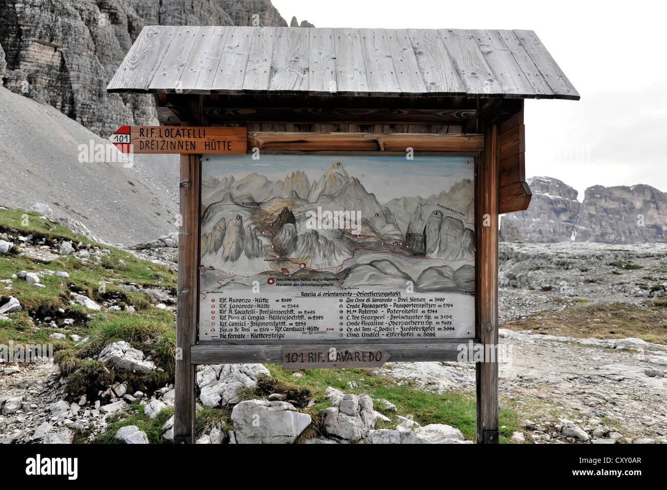 Information board for hiking trails, Three Peaks Trail, hiking trail sign for trail 101, Dolomites, Alto Adige, Italy, Europe Stock Photo