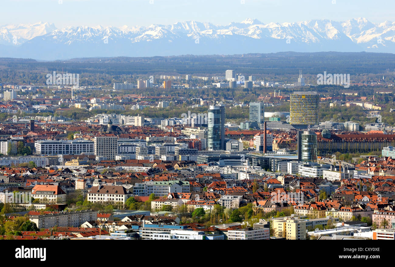View from the Olympiaturm Tower, TV Tower, over Neuhausen quarter and the Alps, during foehn weather, Munich, Upper Bavaria Stock Photo