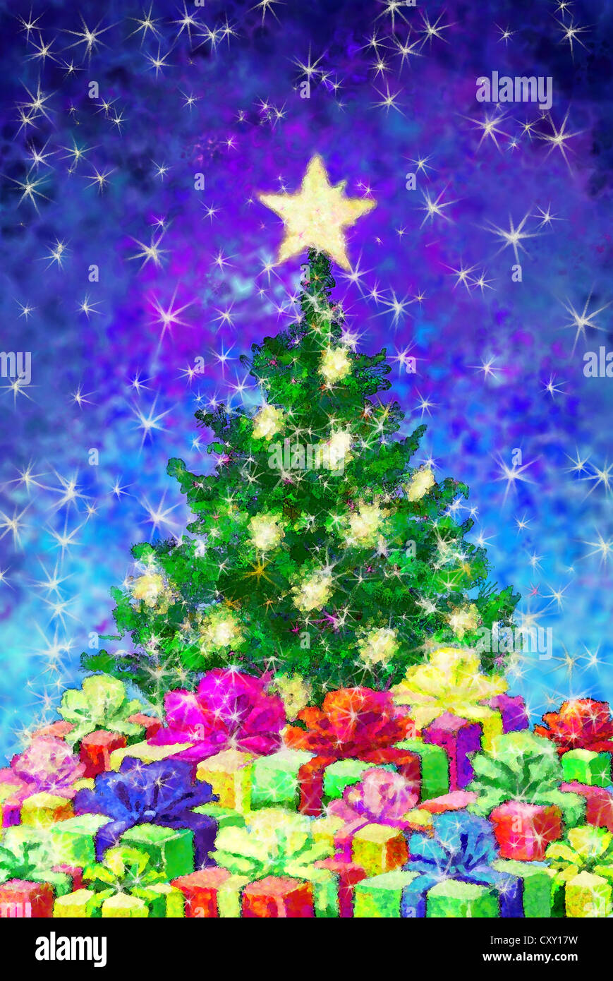 Christmas tree with lots of Christmas presents, illustration Stock