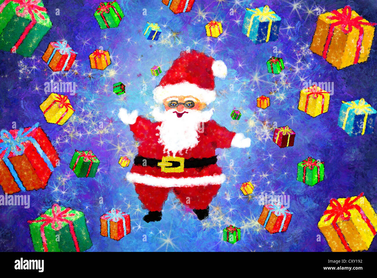 Santa Claus merrily juggling Christmas presents, illustration Stock Photo