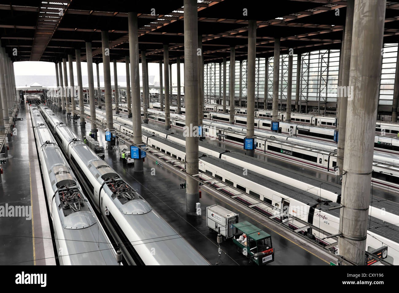 Railway tracks and trains, Atocha station, Madrid, Spain, Europe Stock Photo