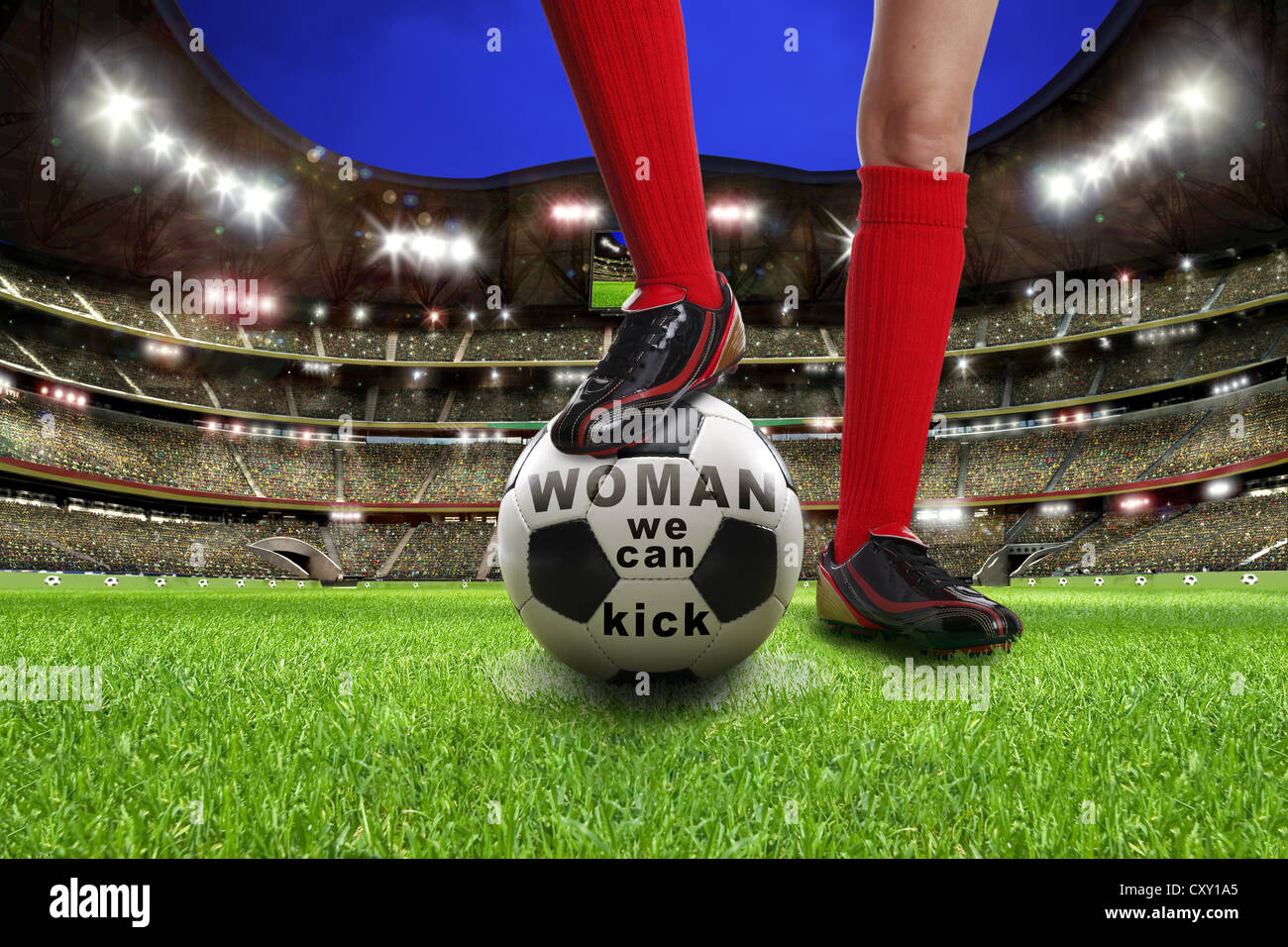 Legs of a female soccer player on a soccer ball labelled, Woman we can kick, at a football stadium, illustration Stock Photo