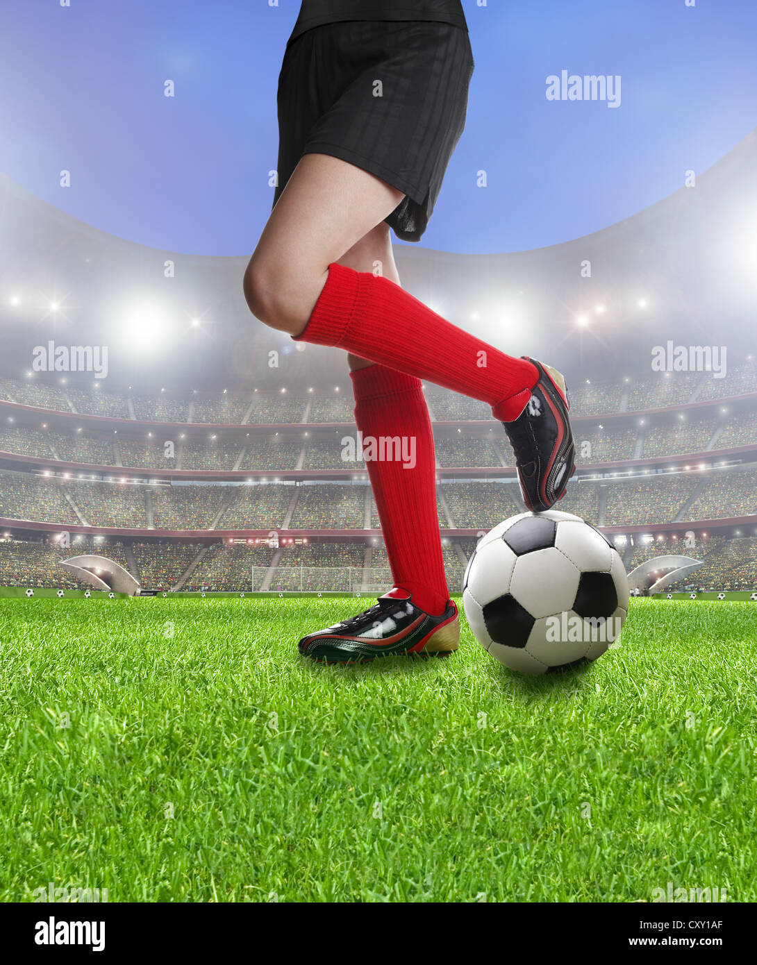 Legs of a female soccer player on a soccer ball at a football stadium, illustration Stock Photo