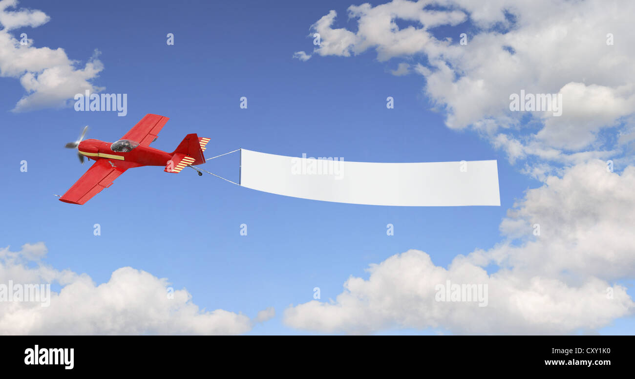 Plane pulling a blank banner in the sky, illustration Stock Photo