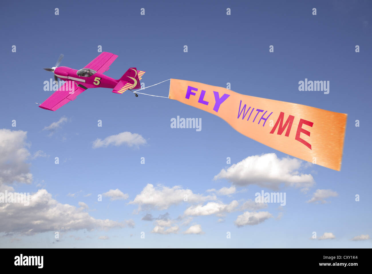 Plane in the sky pulling a banner with the message Fly with me, illustration Stock Photo