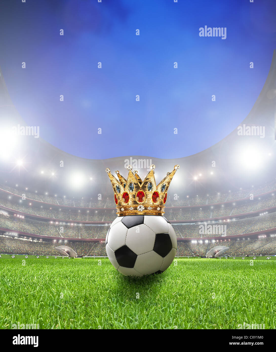 Football with a crown in a football stadium with spectator stands, illustration Stock Photo