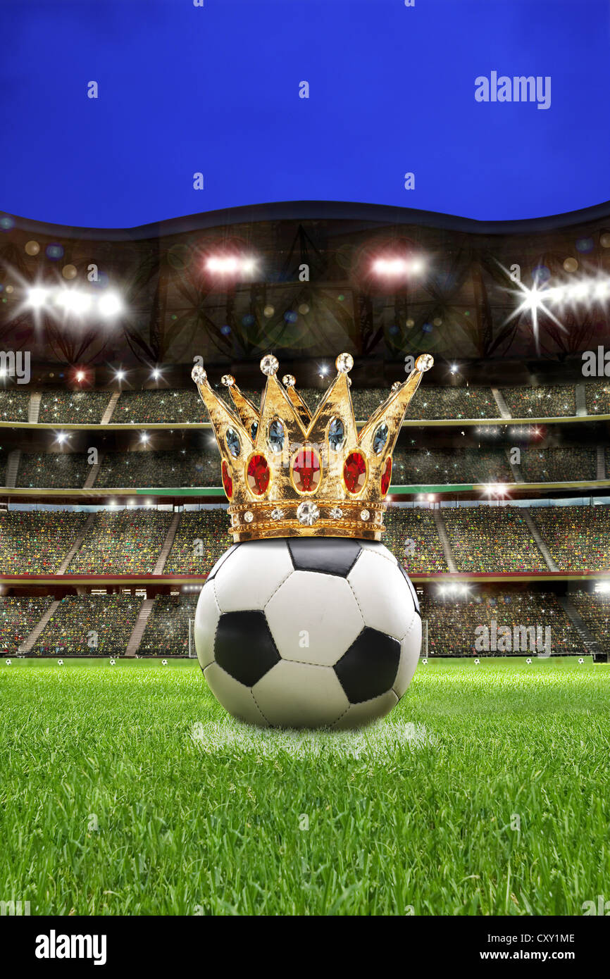 Football with a crown in a football stadium with spectator stands, illustration Stock Photo