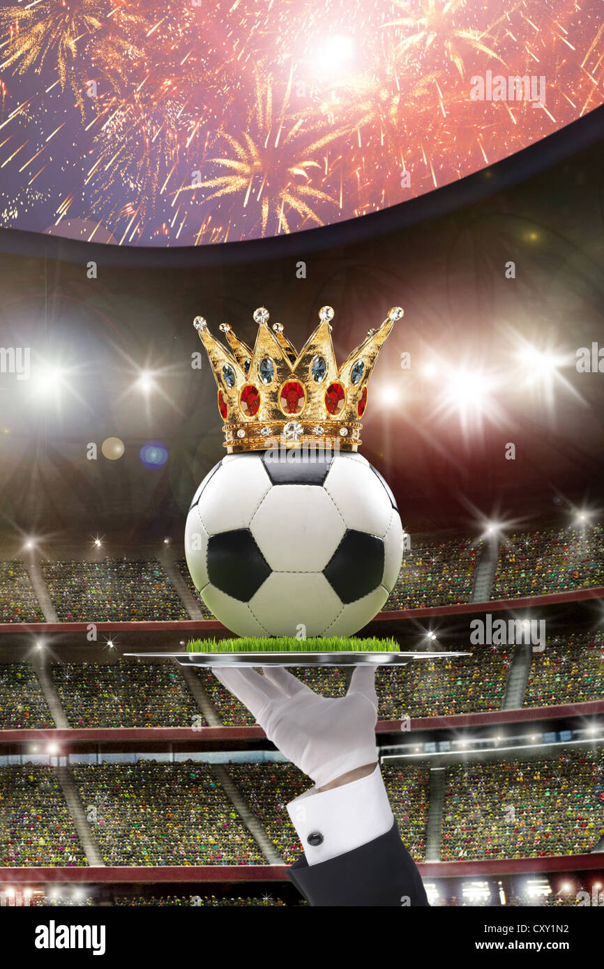 Football with a crown being held on a tray in a football stadium with spectator stands and fireworks, illustration Stock Photo