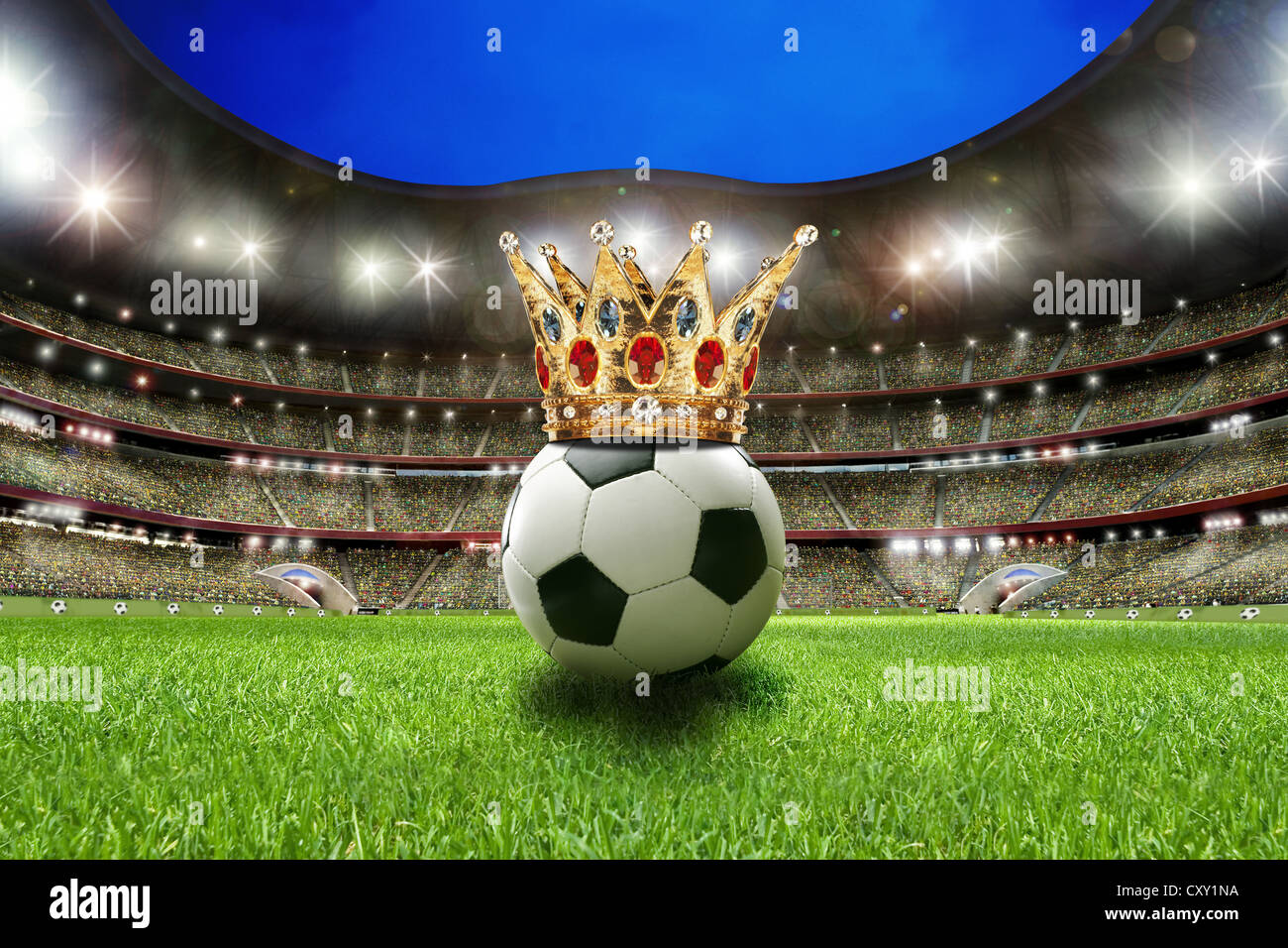 Football with a crown in a football stadium, illustration Stock Photo