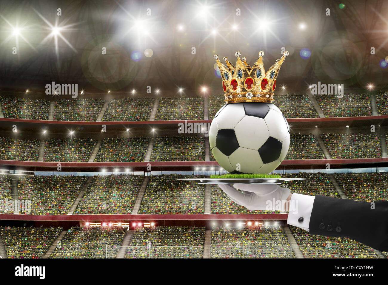 Football with a crown being held on a tray in a football stadium with spectator stands, illustration Stock Photo