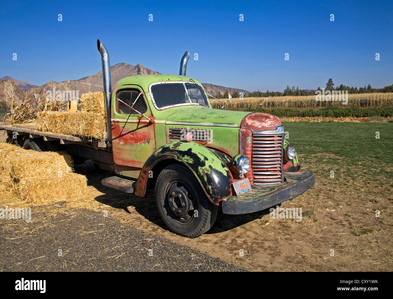 An old International farm truck from the 1930s, on a farm near Redmond, Oregon Stock Photo