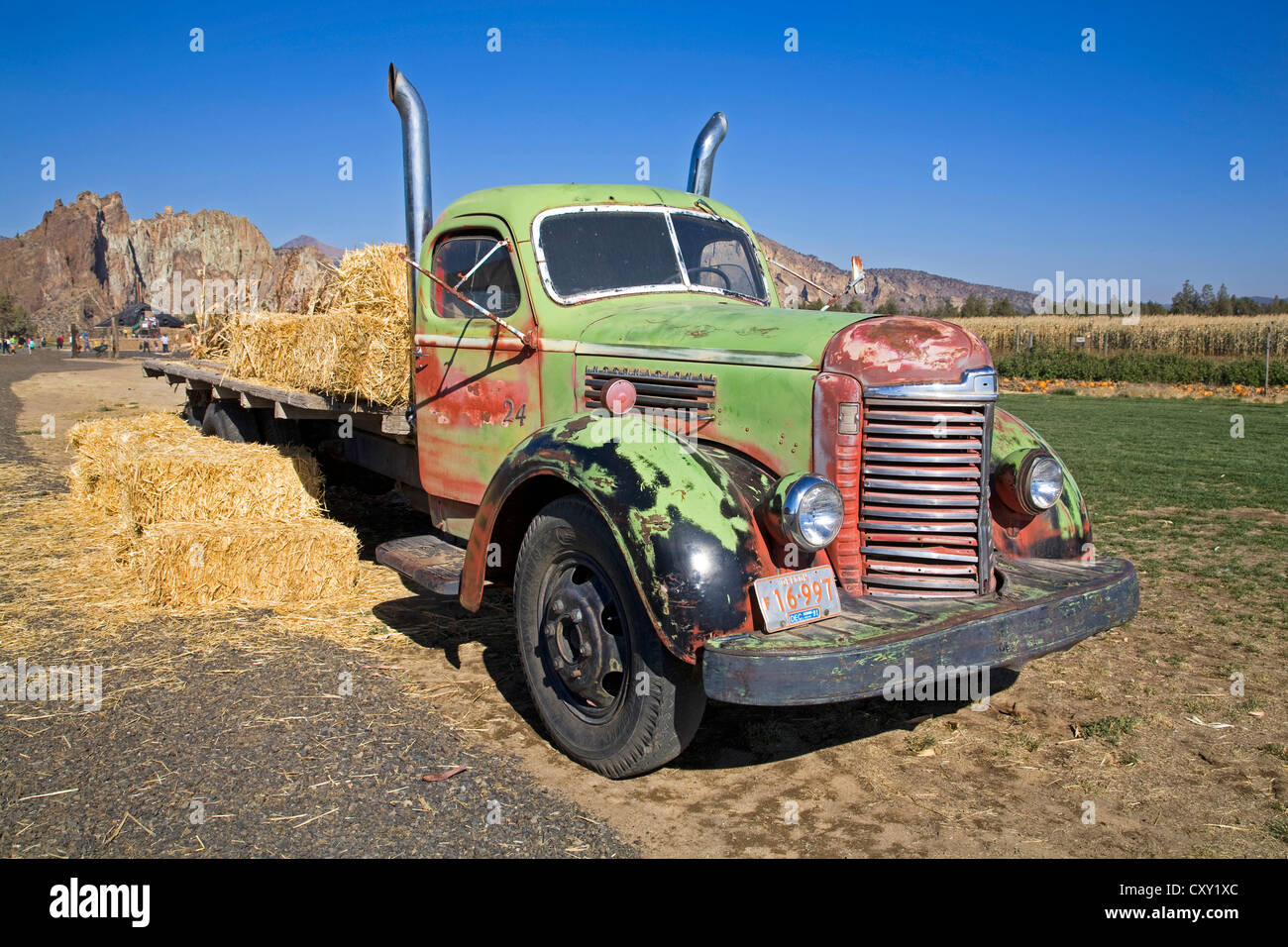 An old International farm truck from the 1930s, on a farm near Redmond, Oregon Stock Photo