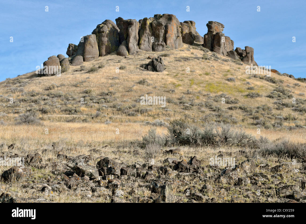 Volcanic rock formations in the Bennett Hills, Highway 46, Gooding, Idaho, USA Stock Photo