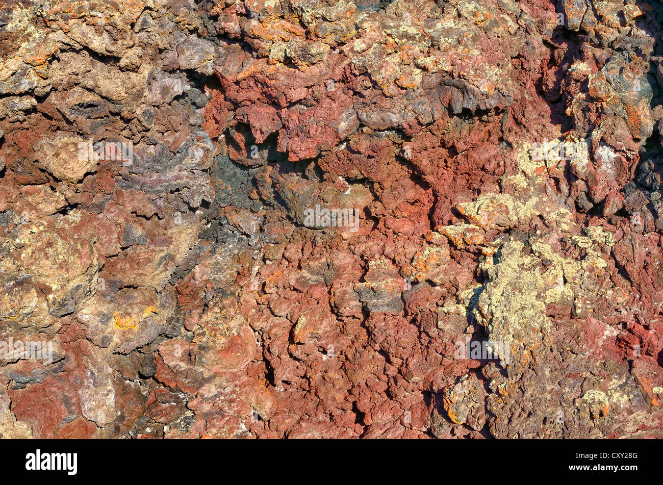 Volcanic rock, coloured by metallic oxides, Crates of the Moon National Monument, Arco, Highway 20, Idaho, USA Stock Photo