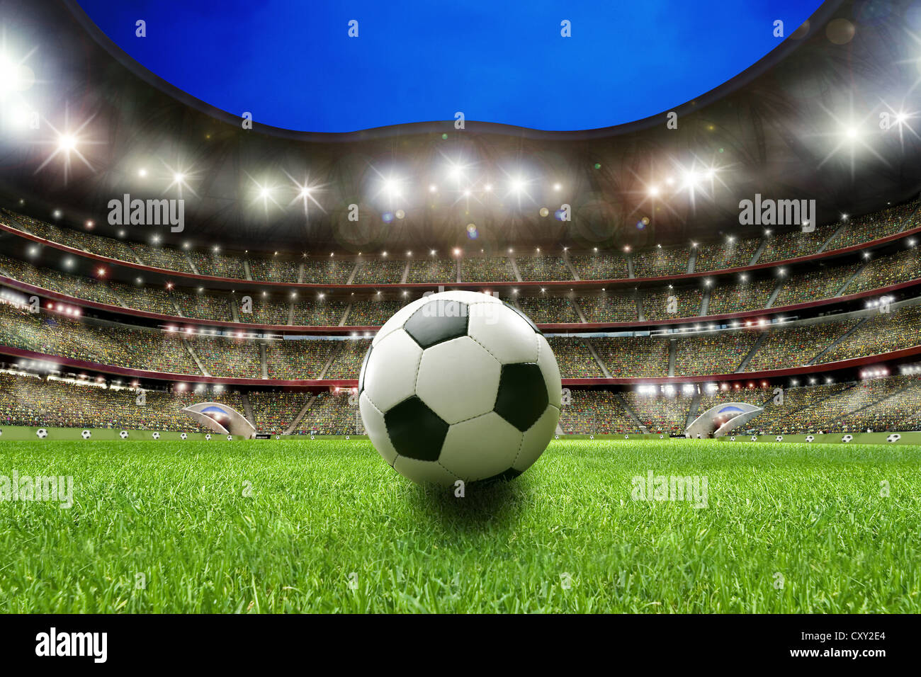 Soccer ball, soccer stadium, lawn, grand stand Stock Photo