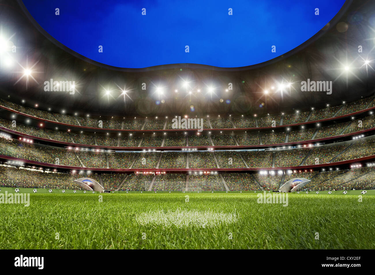 Soccer stadium, lawn, grand stand, lights Stock Photo