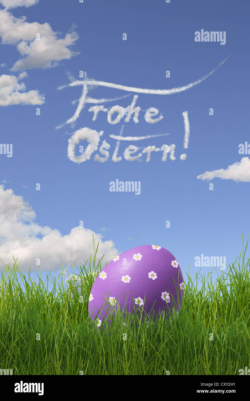 Easter Egg painted with flowers, lettering 'Frohe Ostern', German for 'Happy Easter' Stock Photo