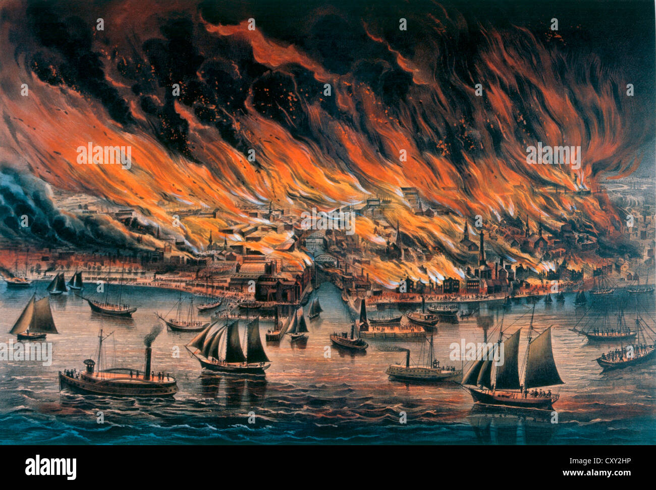 The Great Fire at Chicago, Currier & Ives, Lithograph, October 8, 1871 Stock Photo