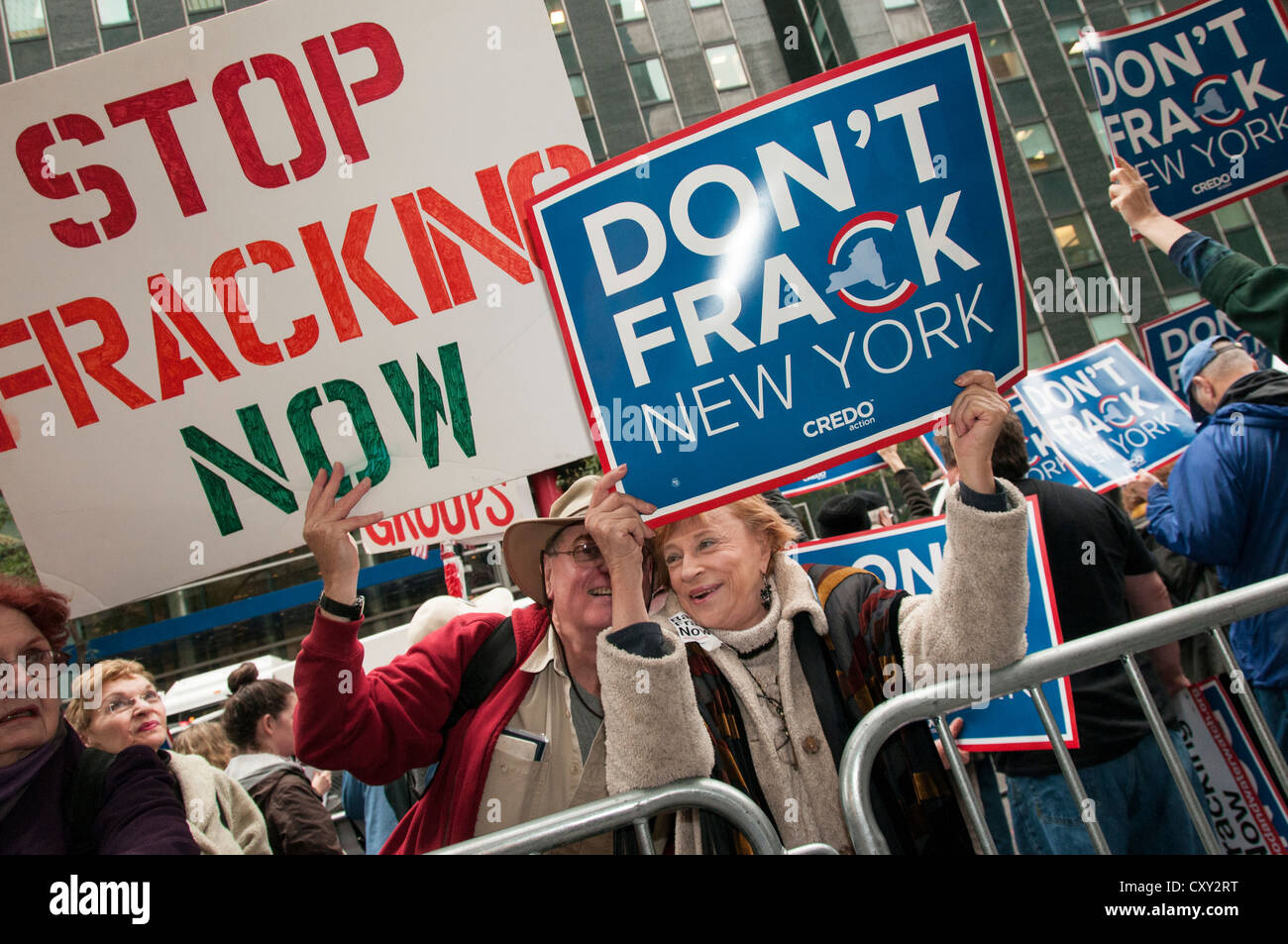 Activists demonstrate in a Manhattan protest against fracking for natural gas in New York outside NY Governor Cuomo's office. Stock Photo