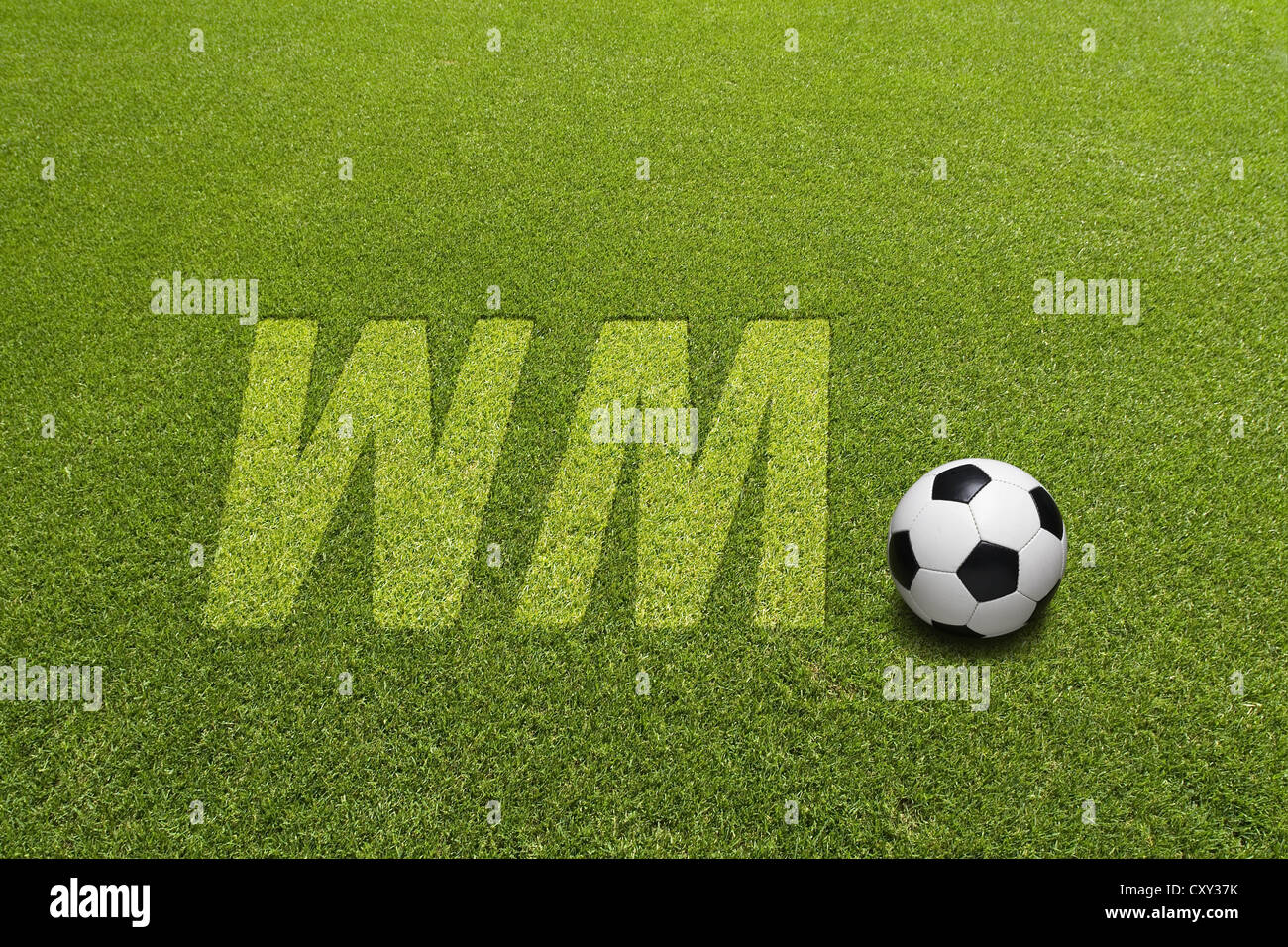 Lawn with the lettering WM and a football Stock Photo