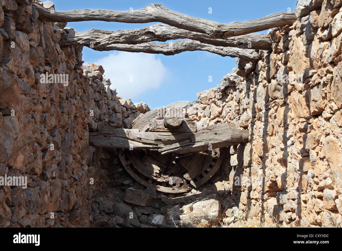 Interior view showing mechanism of old derelict traditional windmill above the Lassithi Plateau, Crete, Greece Stock Photo