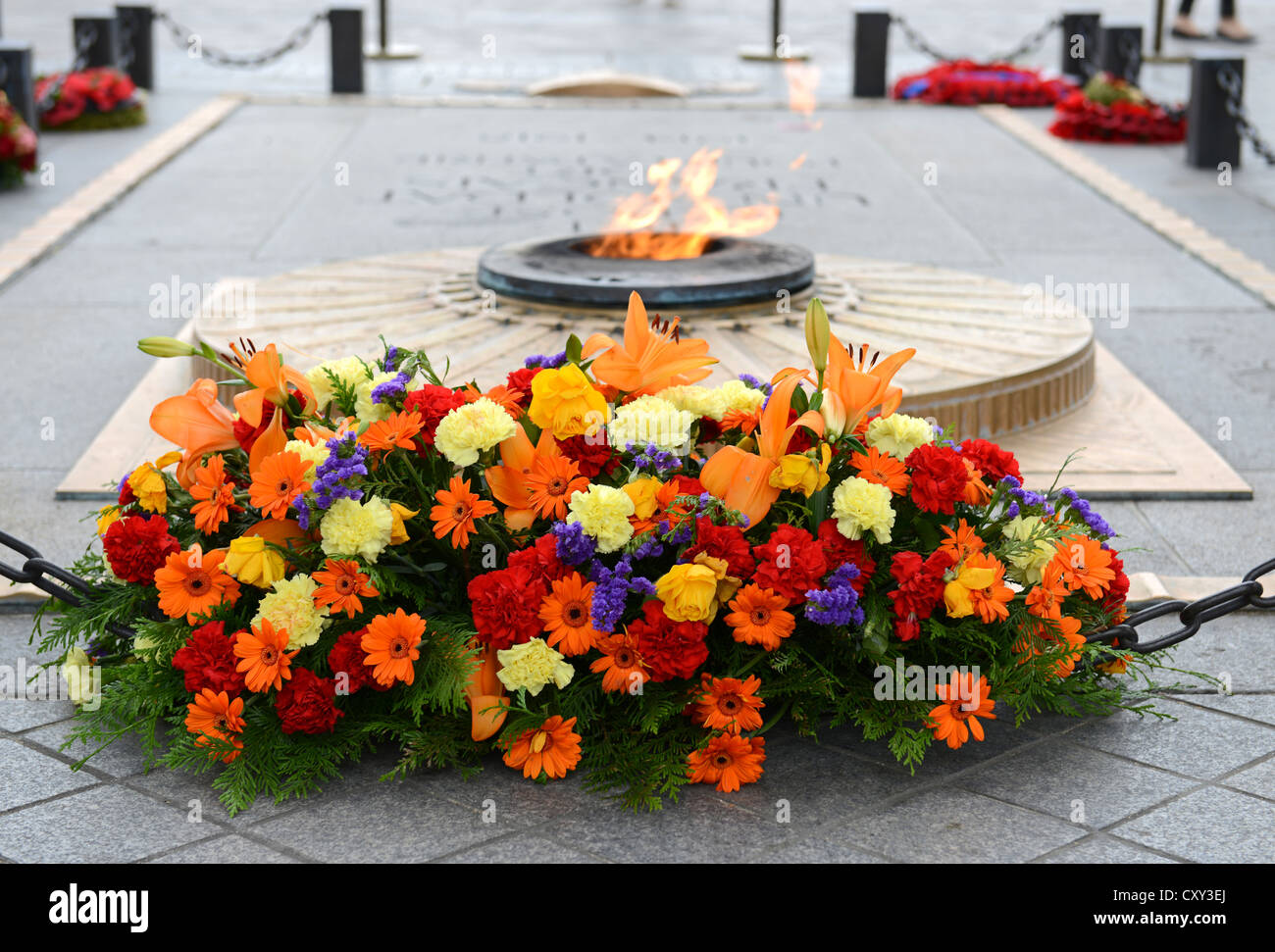 Tomb of the 'Unknown Soldier', eternal flame at the tomb of the 'unknown soldier' at the 'Arc de Triumph' in Paris, France Stock Photo