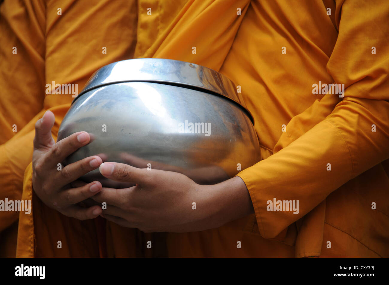 Cambodian monk in the morning, begging, Battambang, Cambodia, Asia Stock Photo