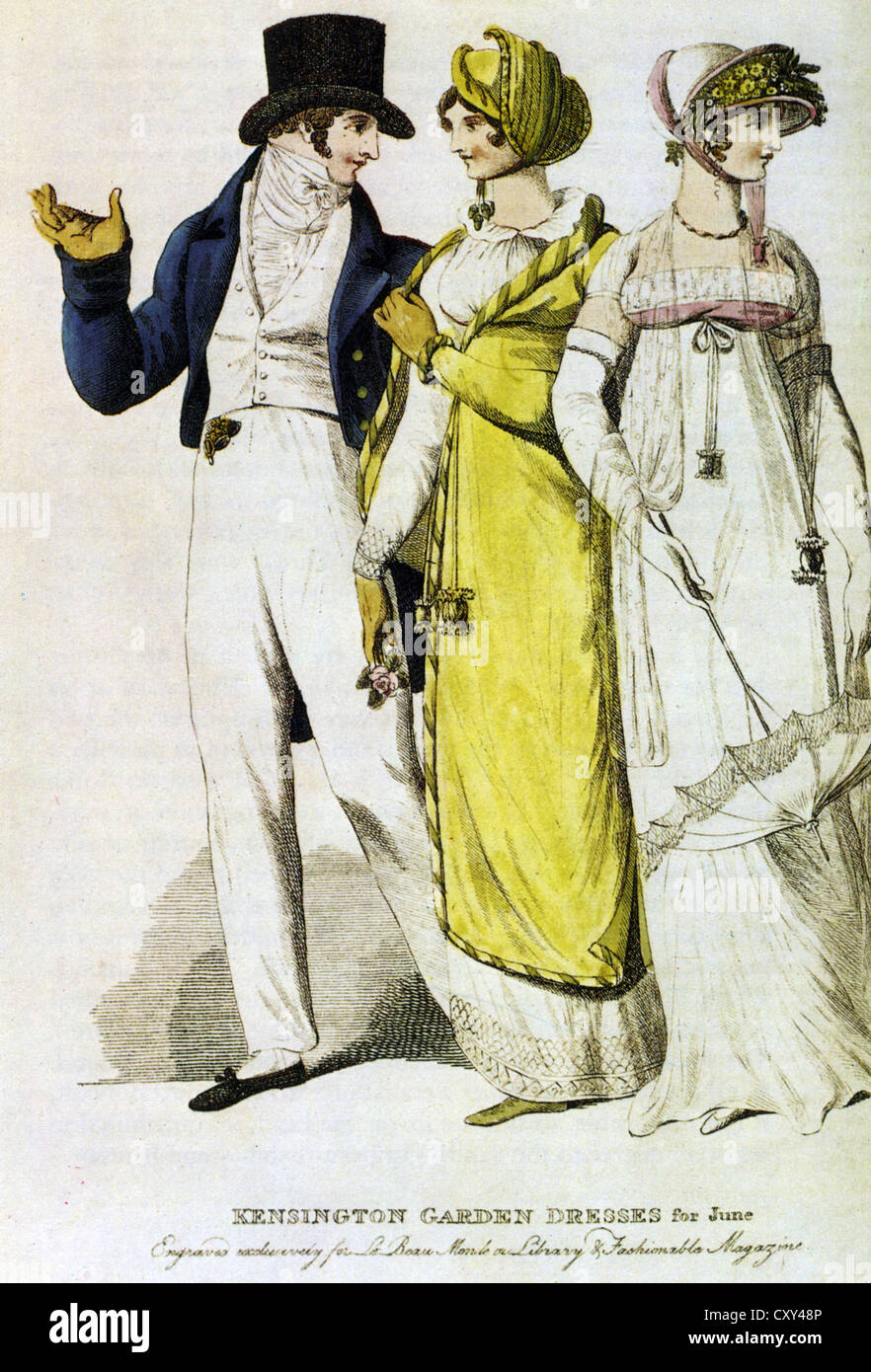 GEORGIAN FASHIONS about 1810. The women are wearing muslin dresses. The yellow wrap was called a pelisse Stock Photo