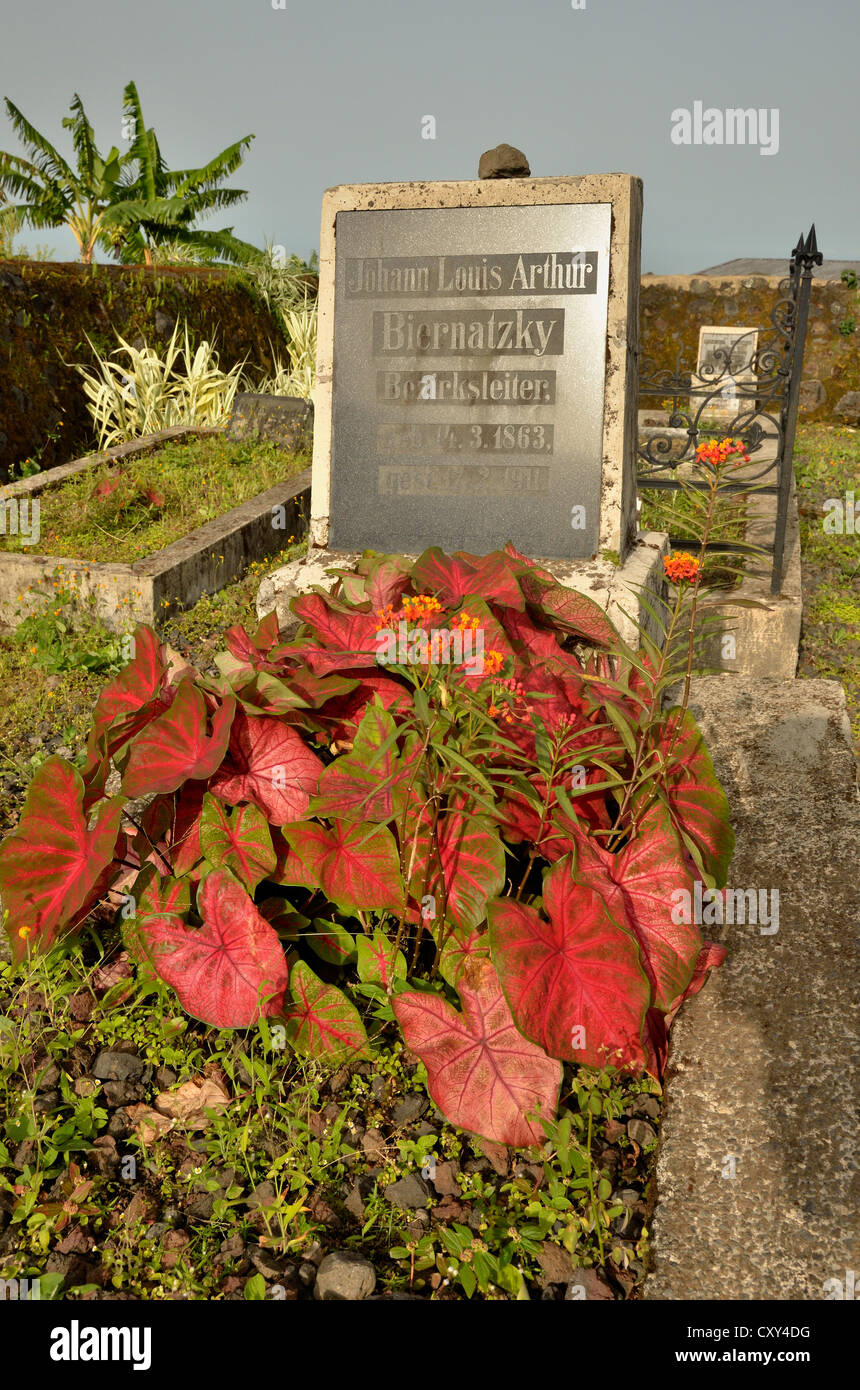 Headstone at the German Cemetery in the town of Buéa at the foot of Mount Cameroon, 4095 metres, Cameroon, Central Africa Stock Photo