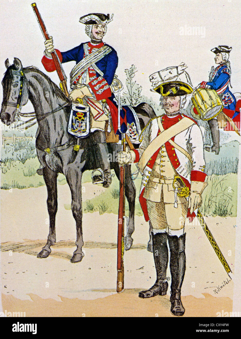 HESSE-DARMSTADT soldiers in 1750. Mounted trooper of the LifeGuard and a dragoon and mounted drummer of the Dragoon Guards. Stock Photo
