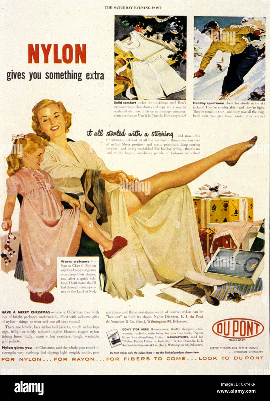NYLON 1948 Du Pont company advert showing how use of nylon has expanded  from stockings to other clothing Stock Photo - Alamy