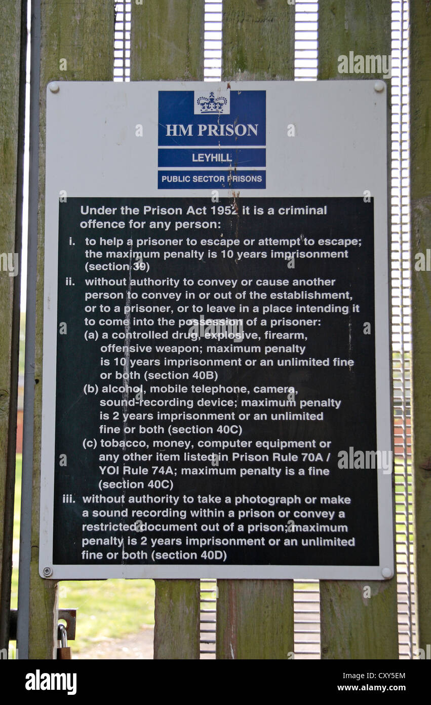 HM Prison Leyhill:  notice on the fence surrounding the prison in Wotton-under-Edge, South Gloucestershire, UK. Stock Photo