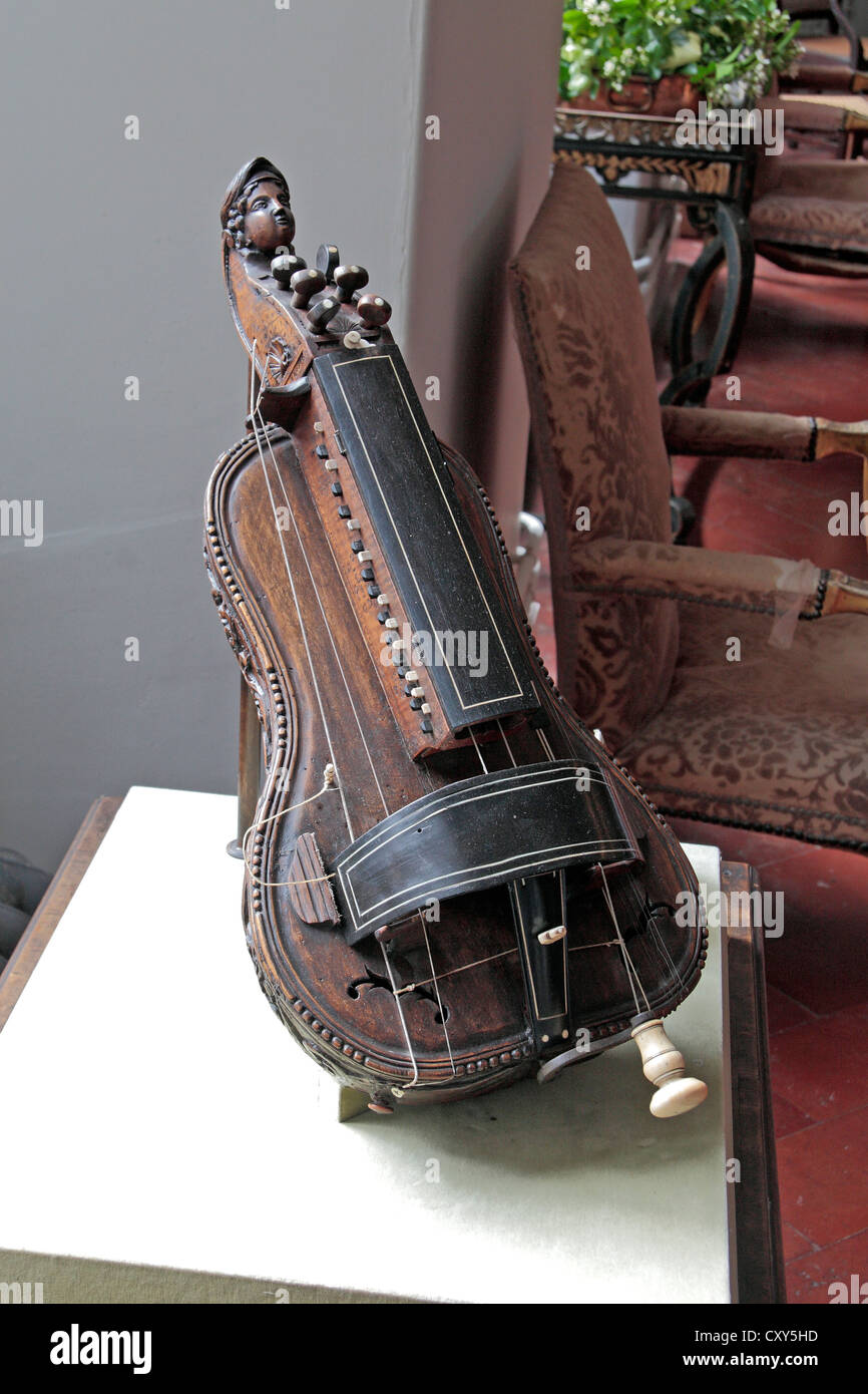 A Hurdy Gurdy, an unusual musical string instrument on display in Berkeley Castle, Gloucestershire, UK. Stock Photo
