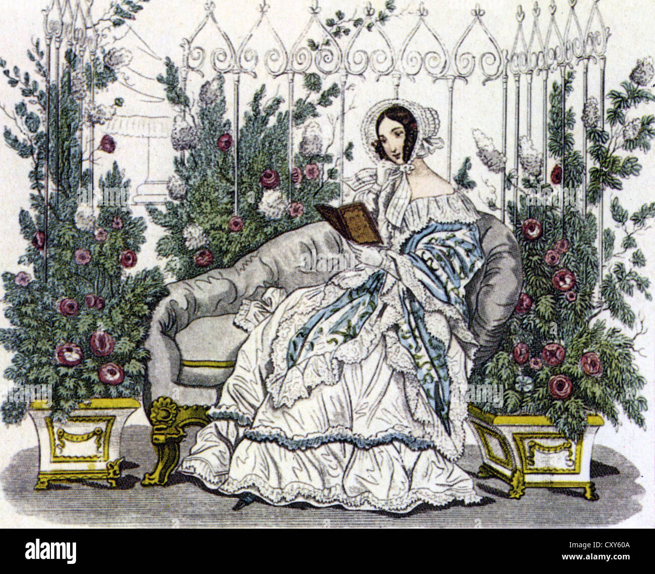 VICTORIAN FASHIONS  An 1840 illustration entitled 'In the Garden' Stock Photo