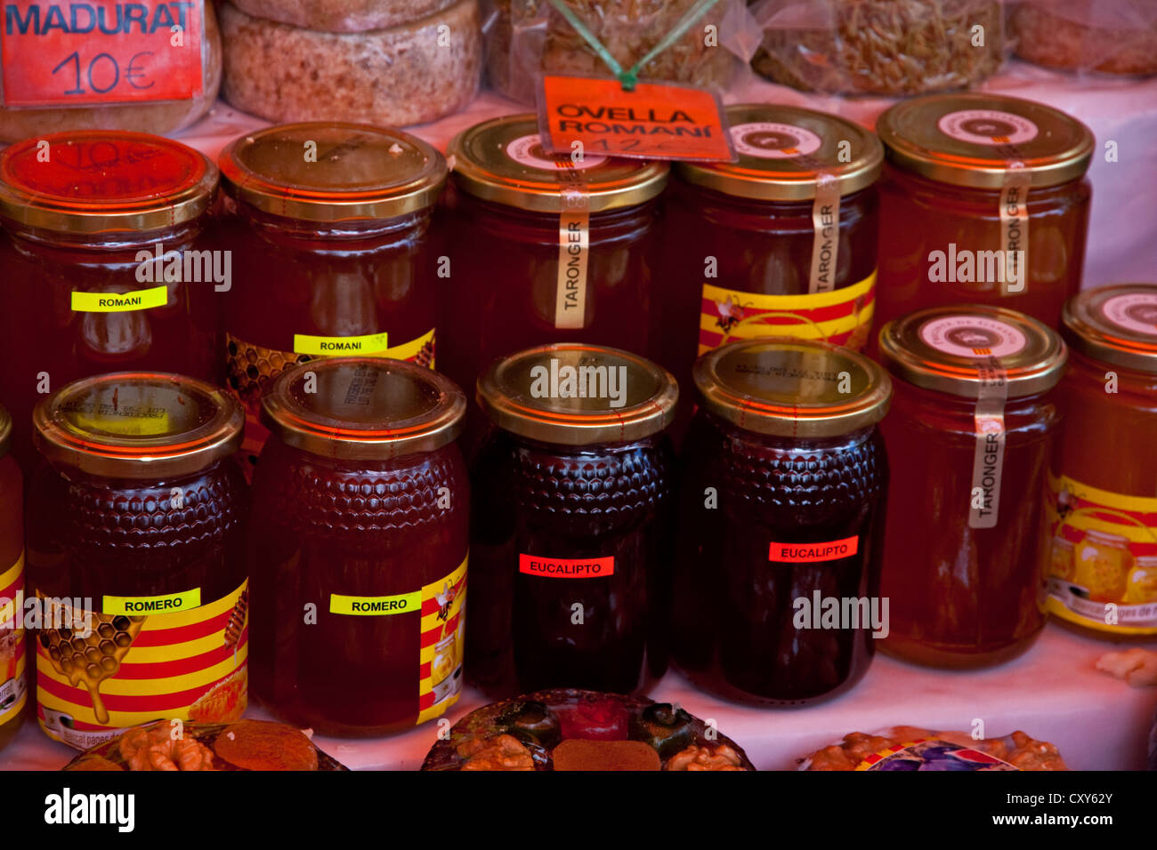 Jars of honey for sale on roadside stall, Spain Stock Photo Alamy