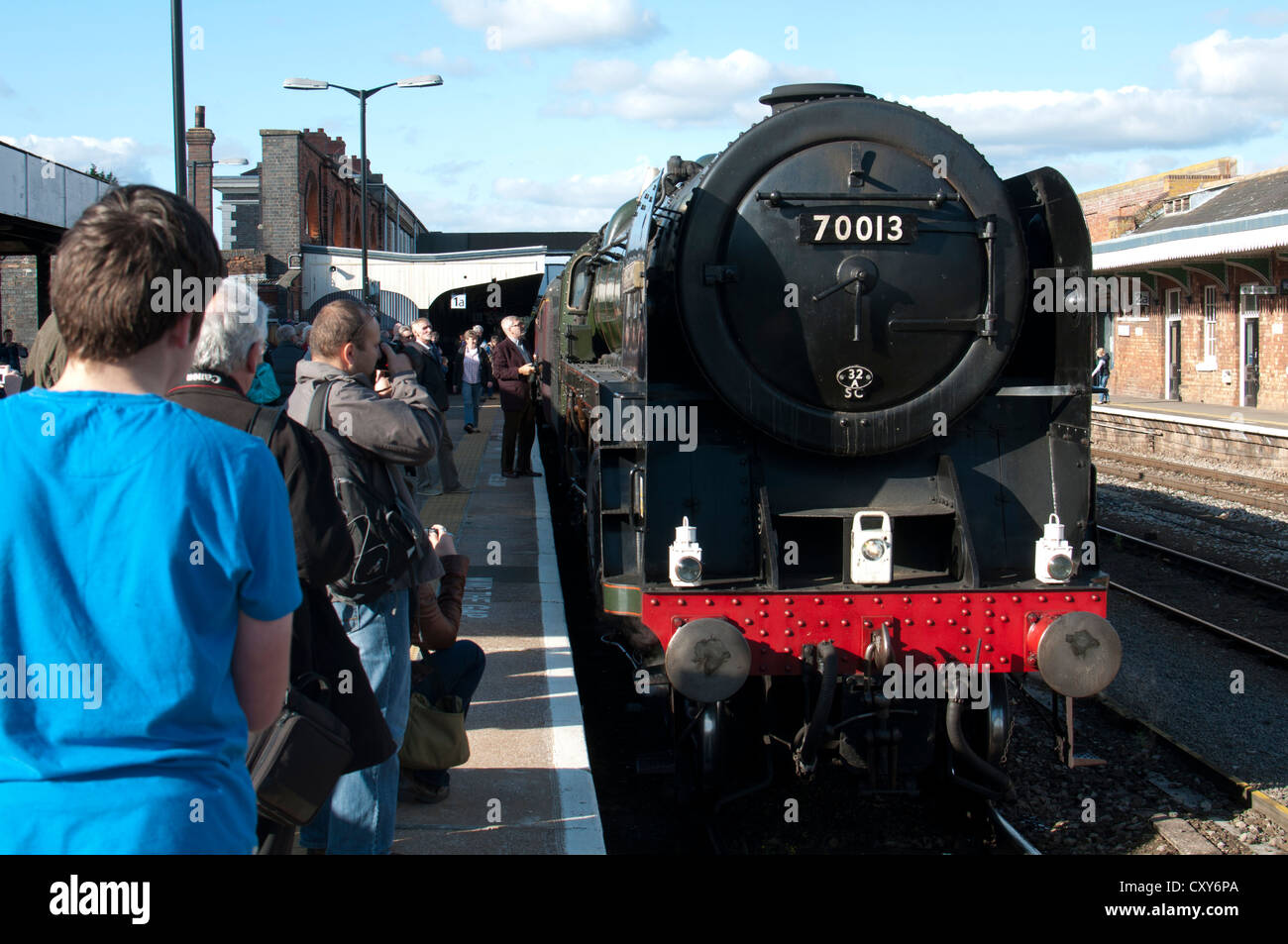 Steam locomotive 'Oliver Cromwell' at Shrub Hill station, Worcester, UK Stock Photo