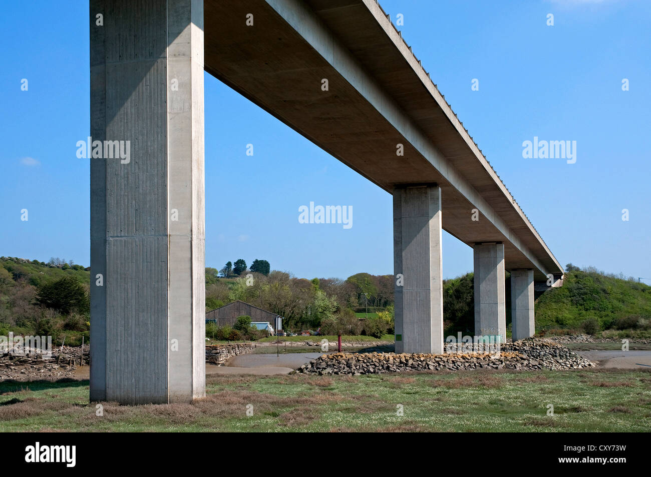 The A30 flyover spans the river camel at Wadebridge in Cornwall, UK Stock Photo