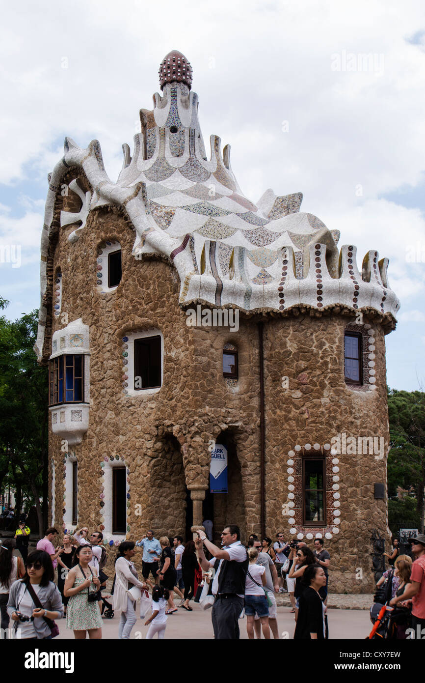 Pavilion at the entrance to Park Güell designed by architect Antoni Gaudí's in Barcelona Spaing Stock Photo
