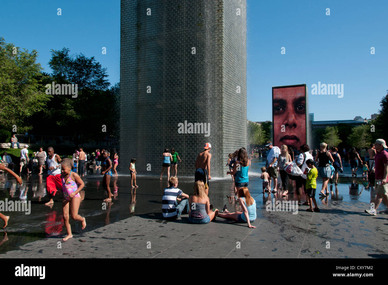 Crown Fountain, an interactive work of public art and video sculpture designed by Catalan artist Jaume Plensa, Millennium Park, Chicago, Illinois, USA. Stock Photo