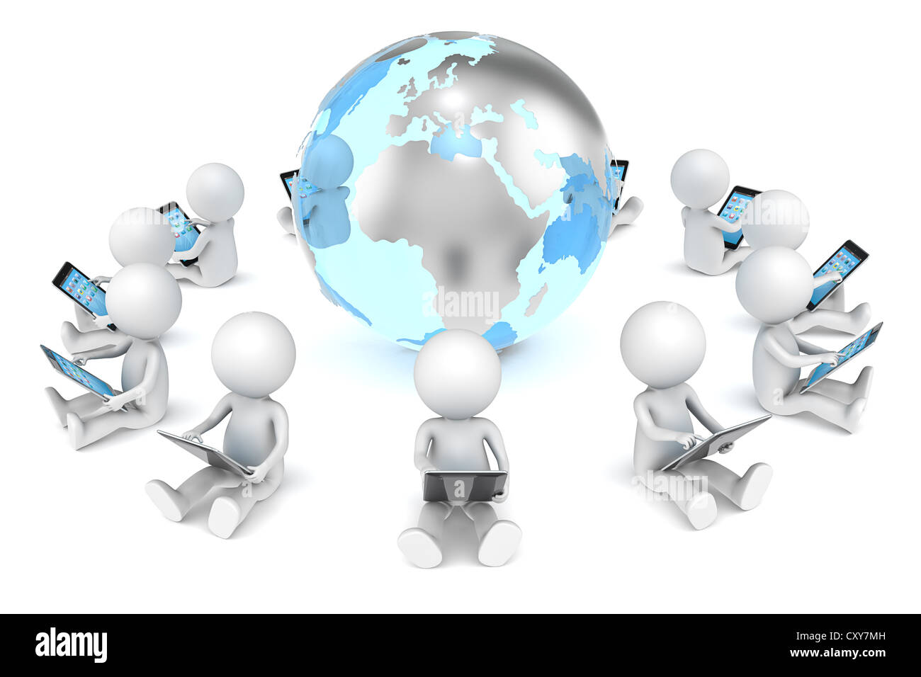 3D little human character X12 sitting, with tablet computers, in a ...