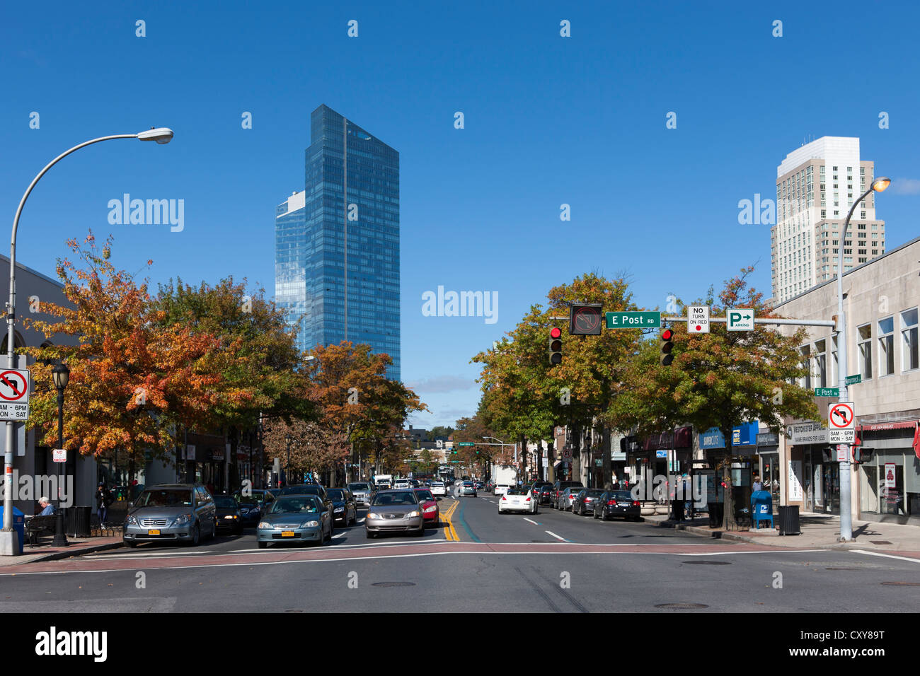 An autumn view down Mamaroneck Avenue toward the Residences at the Ritz-Carlton, Westchester, in White Plains, New York. Stock Photo