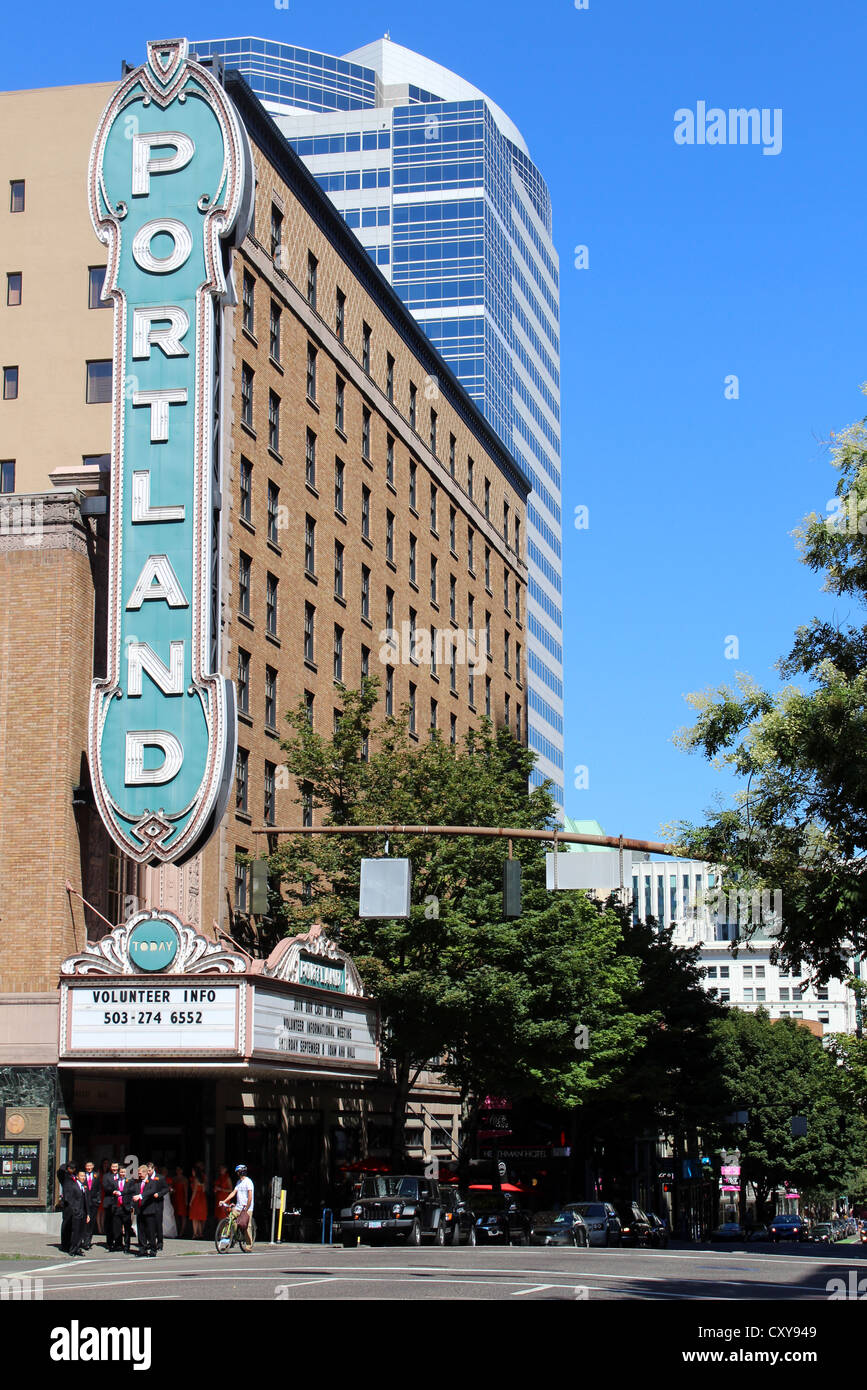 Portland sign at the Broadway Marquee, Arlene Schnitzer Concert Hall, Portland, Oregon, USA Stock Photo
