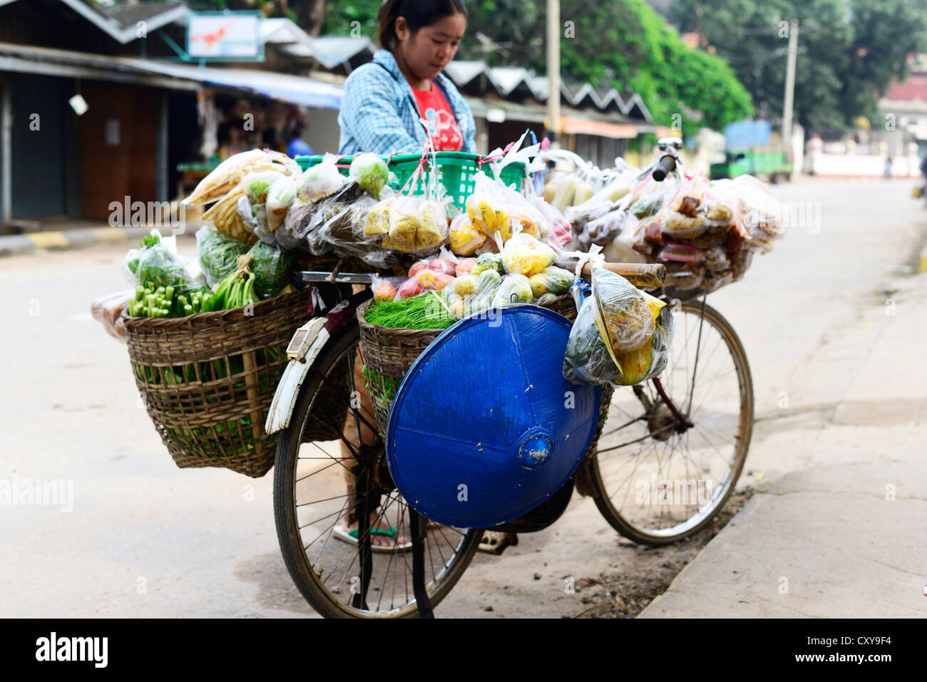 A mobile fruit and veggie vendor in Myanmar Stock Photo Alamy