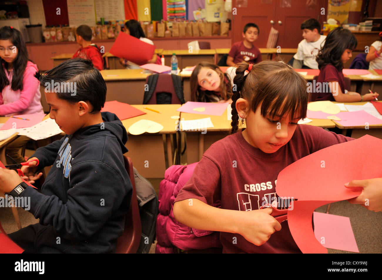 Elvira Elementary School second graders make valentines in Tucson, Arizona, USA. Stock Photo