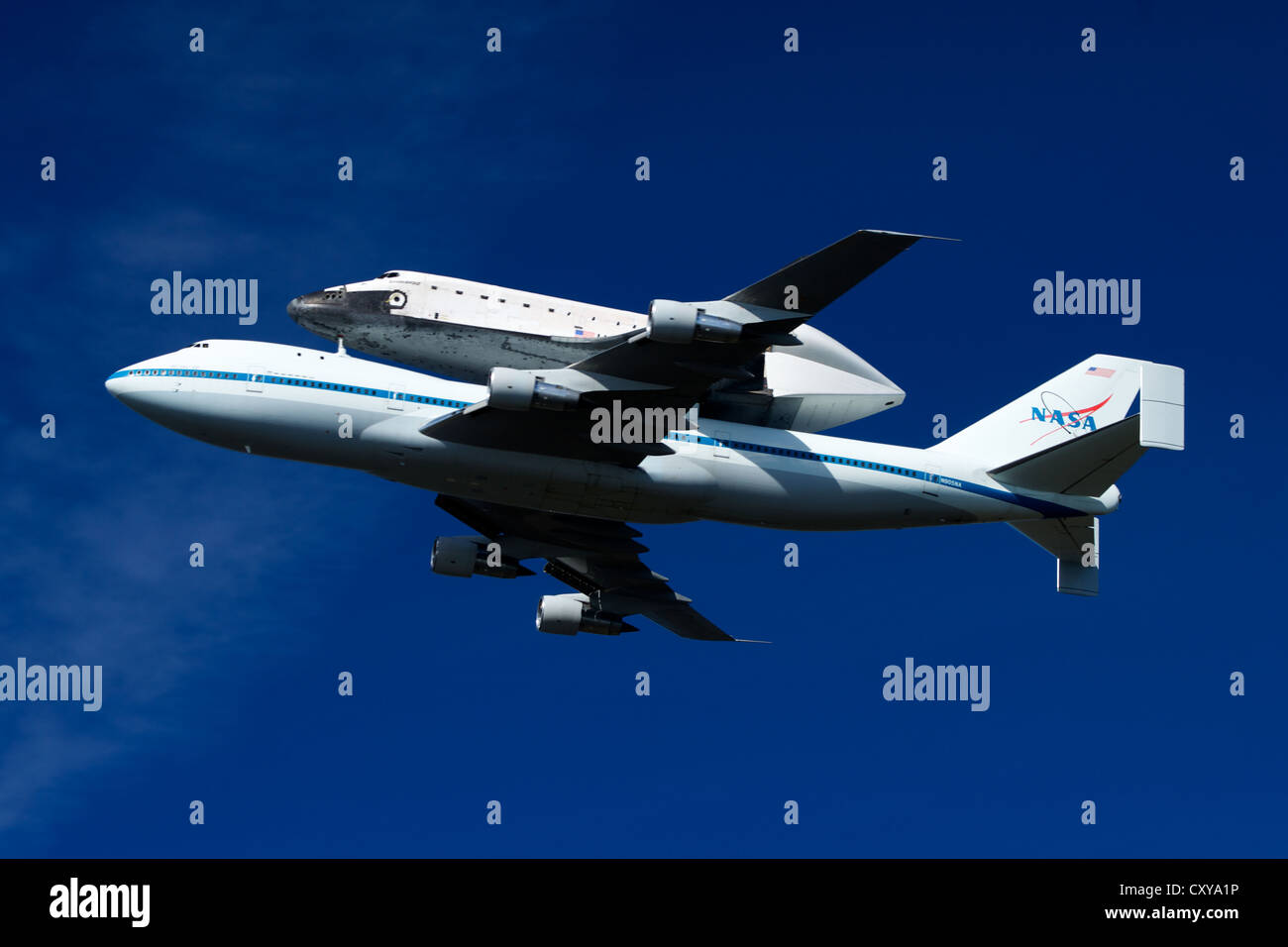 Space shuttle Endeavor on top on transporter plane on his way to museum. Stock Photo