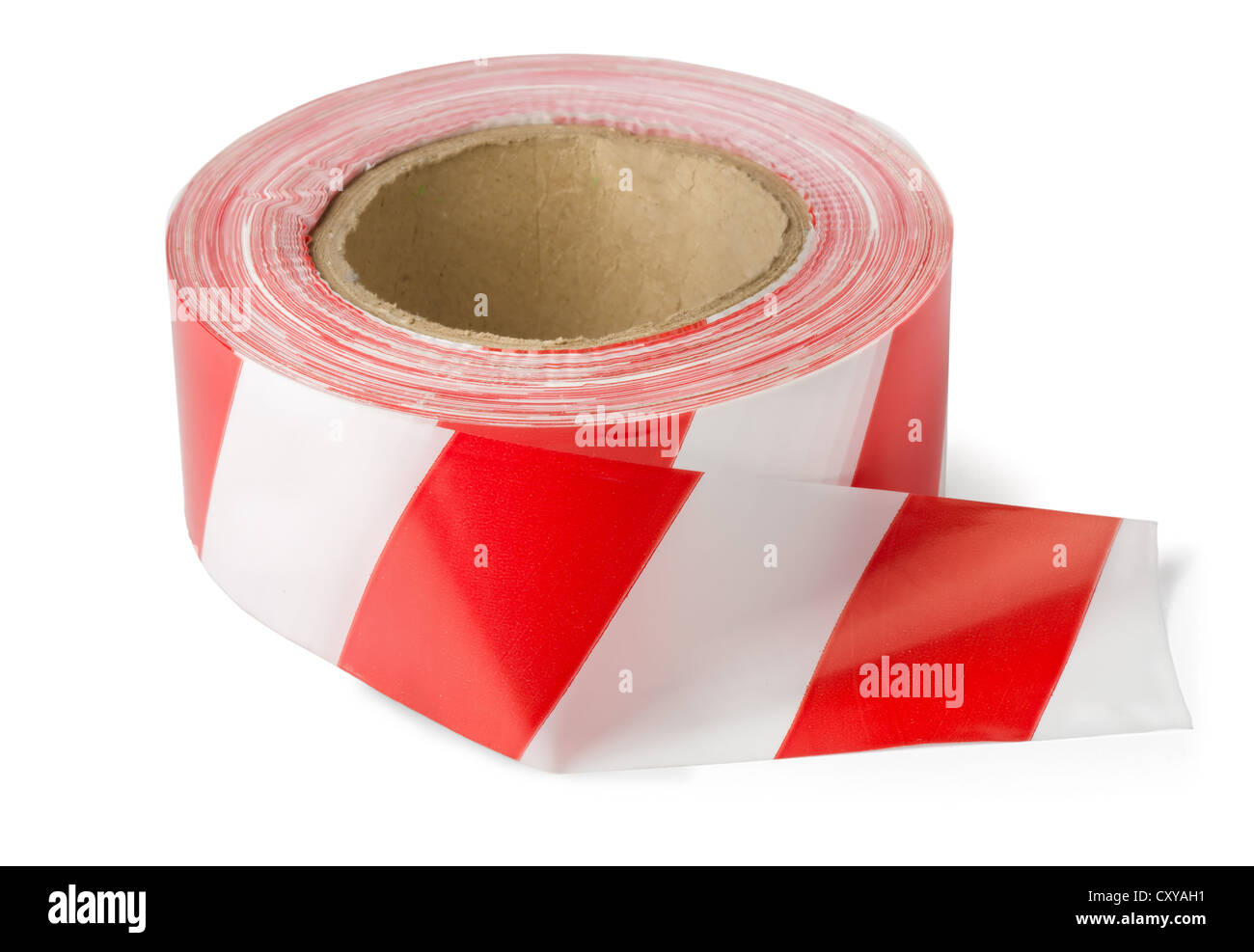 Roll of red white barrier tape isolated on white Stock Photo