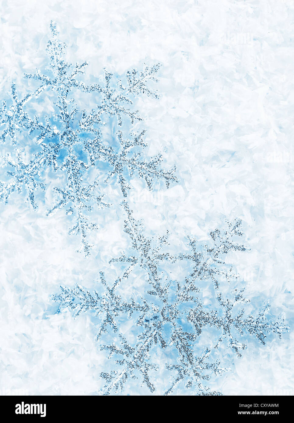 Beautiful blue snowflakes isolated on snow, winter holiday background Stock Photo